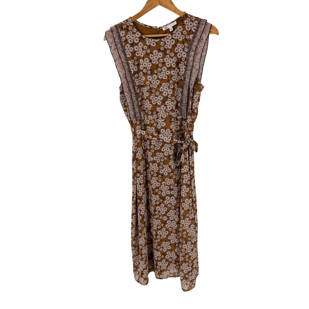 DR2 Floral Midi Dress Brown Size M Boho Cottagecore Sleeveless Belted Smocked
